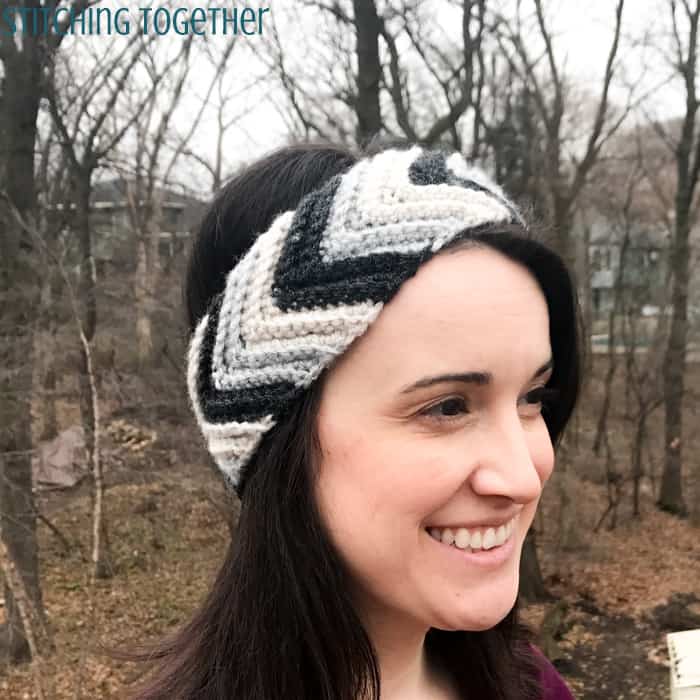 woman wearing striped crochet chevron headband