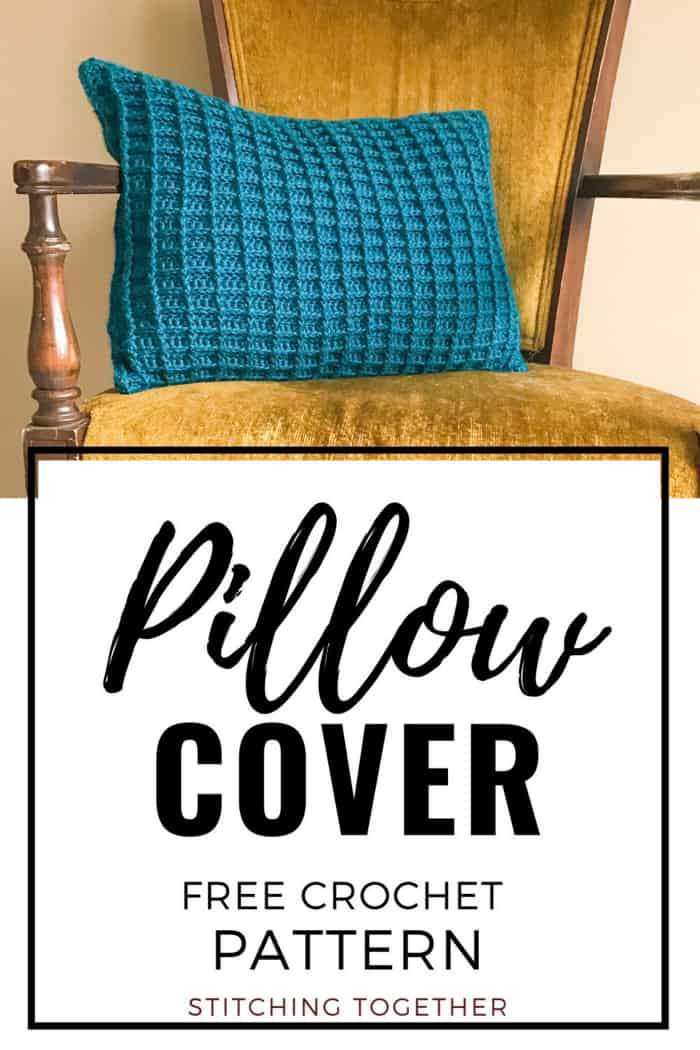 blue pillow on yellow chair with text reading pillow cover free crochet pattern