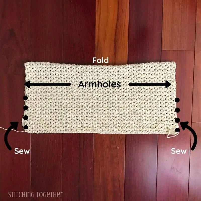 image with words and arrows showing where to sew a rectangle to make a shrug