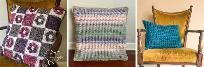 collage image of 3 different crochet pillows