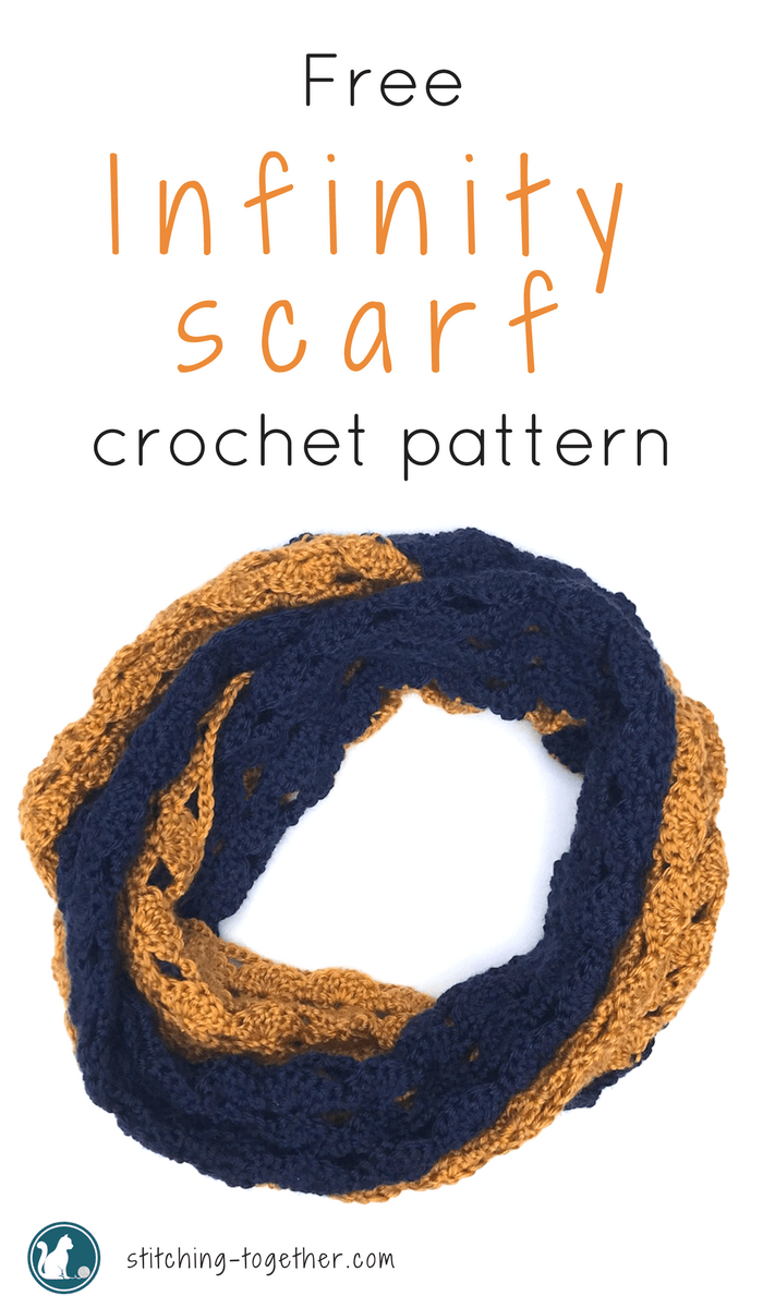 blue and gold crochet infinity scarf pin image