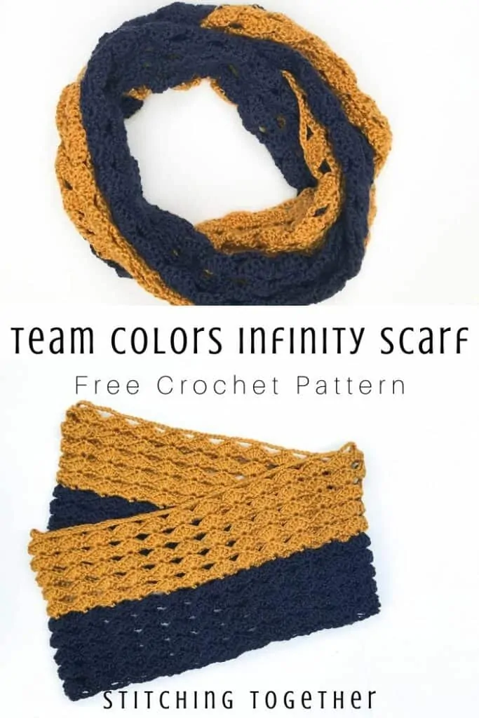 pin image of crochet infinity done in blue and gold