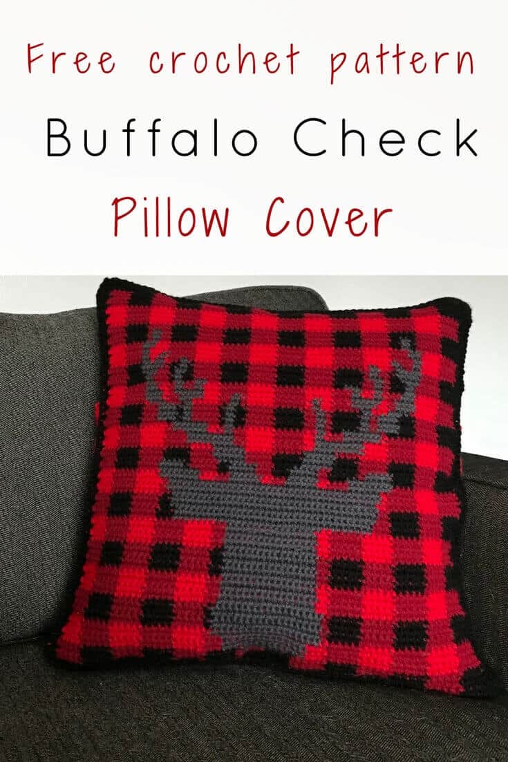 Wow! What a cute buffalo check crochet pillow cover. Get in the holiday spirit with this free crochet pattern. Plaid plus a stag – couldn’t get any trendier. #RHSS #CrochetChristmas #Christmasdecor