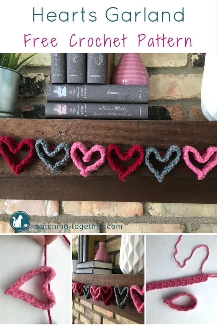 Crochet Heart Garland pin image with finished crochet hearts and in process photos