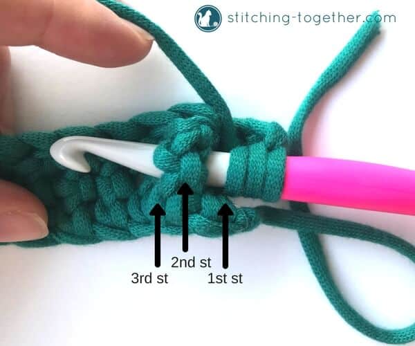 inserting a crochet hook around the post of a triple crochet