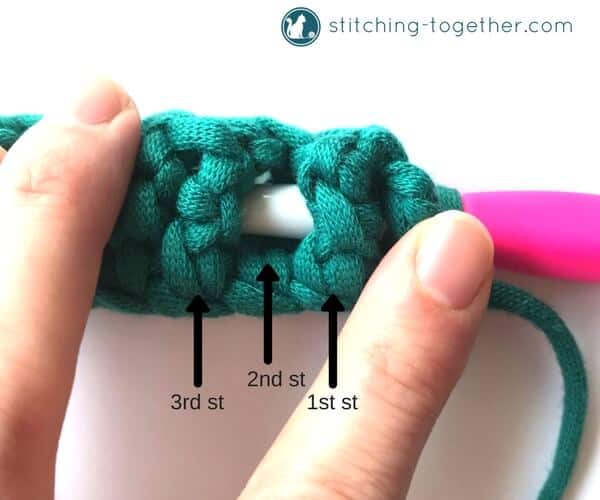 showing how to work the hook around the post of the stitch for a bptr stitch