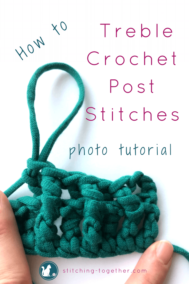 pin image of a crochet swatch showing treble post stitches