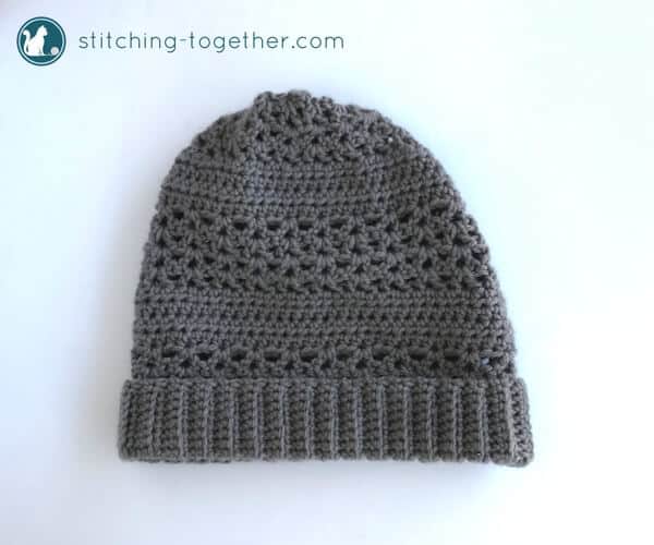 gray crochet slouchy hat with folded brim