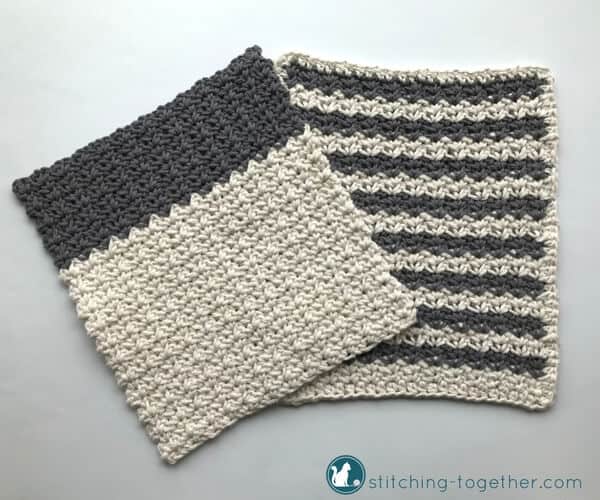 Gray and white crochet dish cloths with stripes and texture