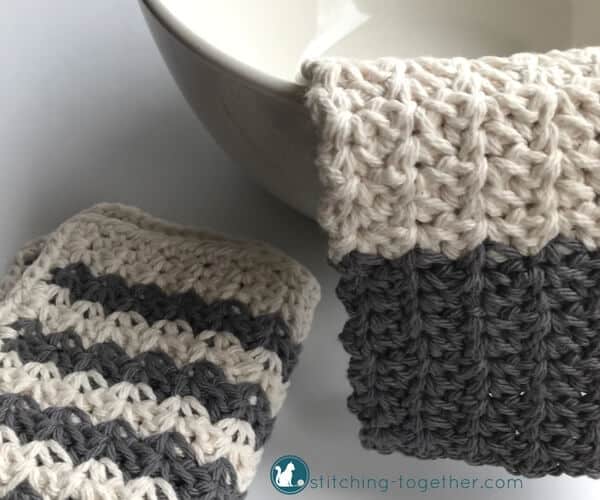 gray and white crochet dishcloths - one two toned and one striped