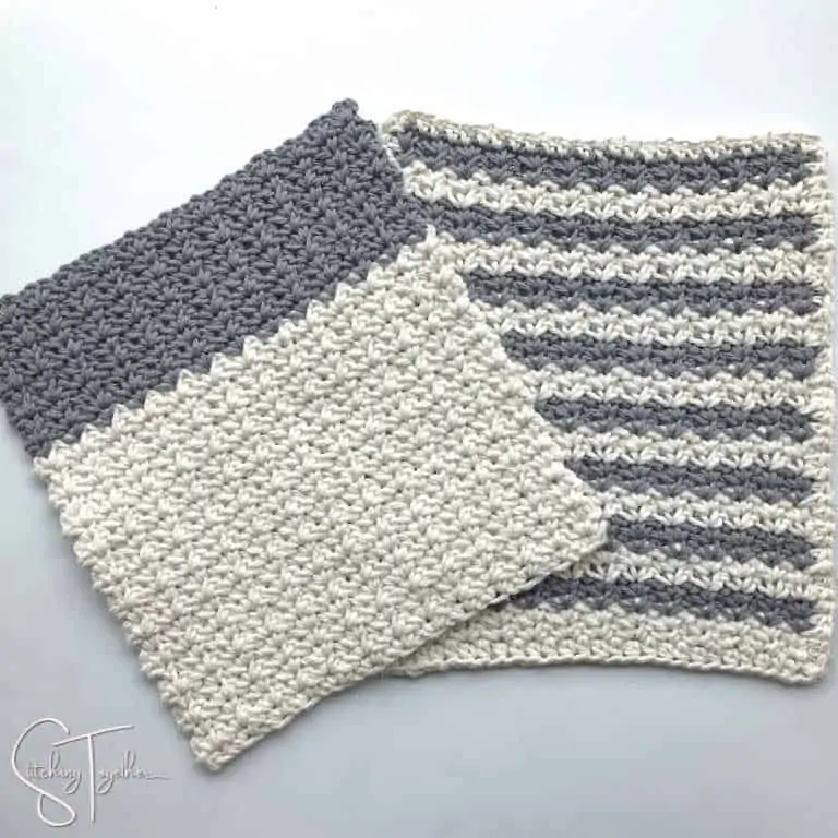 two gray and off white striped crochet dishcloths