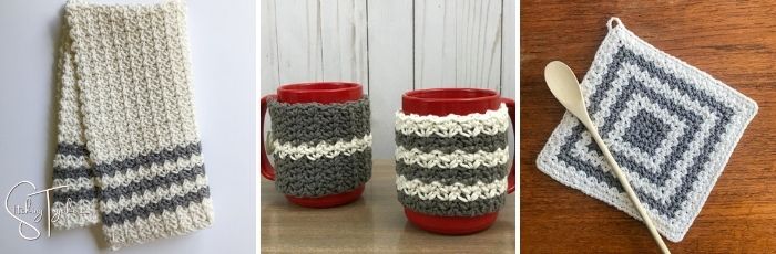 collage of country crochet dish towel, mug cozy, and hot pad