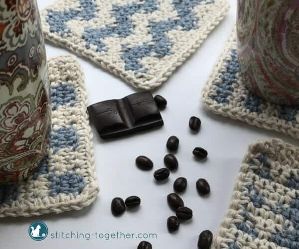 four different square crochet coasters with coffee beans and chocolate