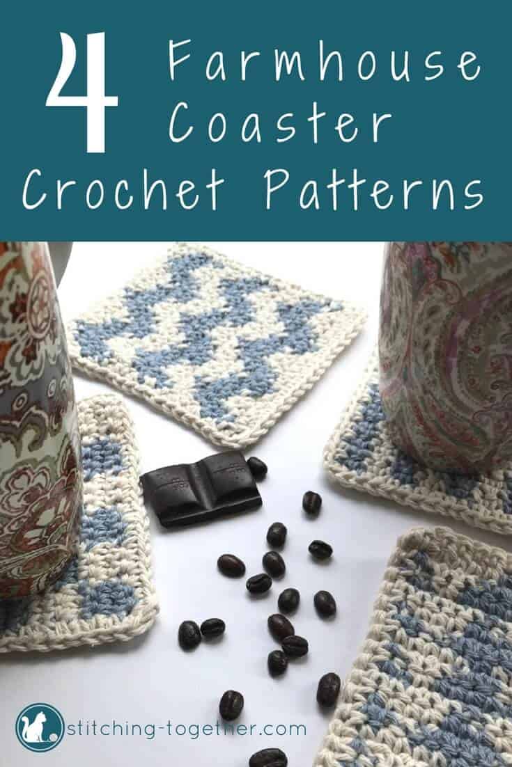 Quick farmhouse crochet coasters perfect for your farmhouse decor. These simple coasters are great for practicing crochet color changes. Pin the free crochet pattern and graphs, grab your cotton yarn, and start crocheting! They’d also make a wonderful housewarming gift. 