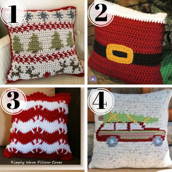 collage of four different christmas crochet pillows