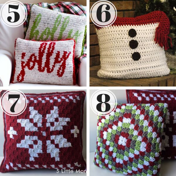 collage of four different christmas crochet pillows