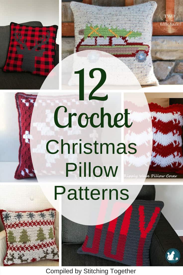 Pin collage of different christmas crochet pillows and cushions