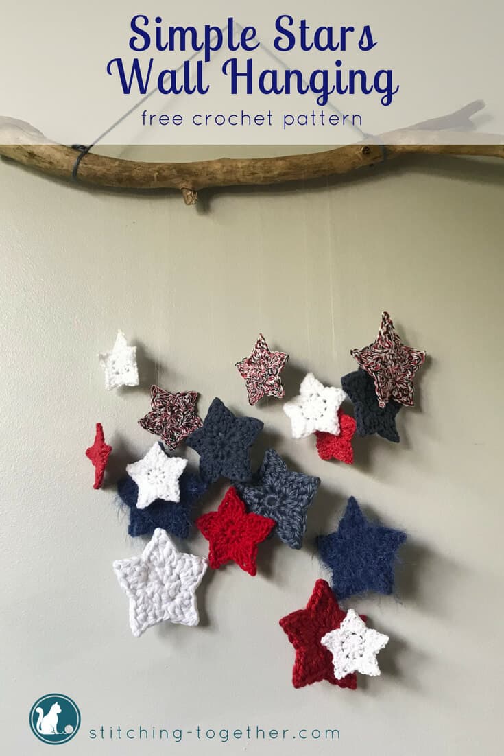 DIY this adorable crochet stars wall hanging! Using scrap yarn stars, invisible thread, and a tree branch, you can create this perfect holiday decoration. Make it red, white and blue for the 4th of July or red and green for Christmas. The possibilities ae endless with this fun and quick weekend project.