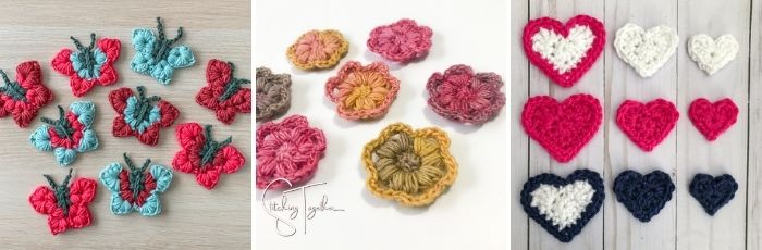 collage image of crochet butterflies, flowers, and hearts