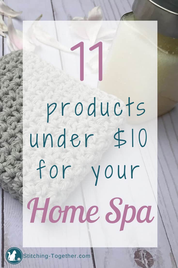 washcloth with text overlay saying 11 products for under $10 for your home spa
