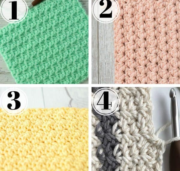 close up of 4 crochet stitches for dishcloths including the spider stitch