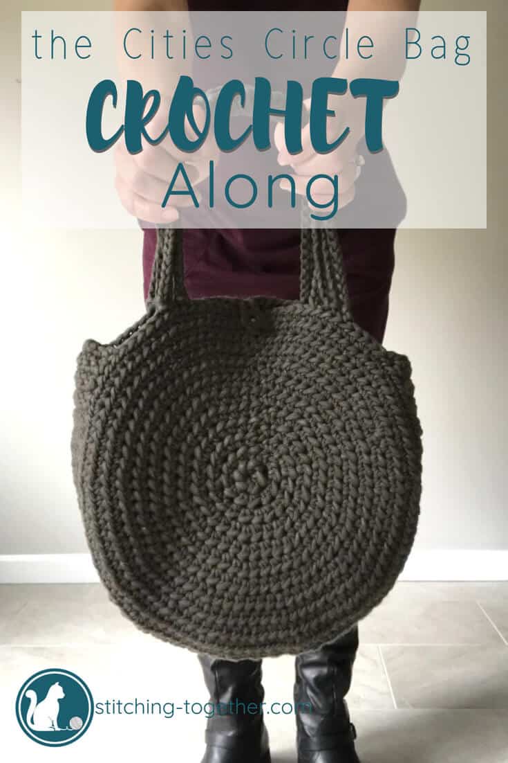 close up of crochet circle bag with CAL text overlay