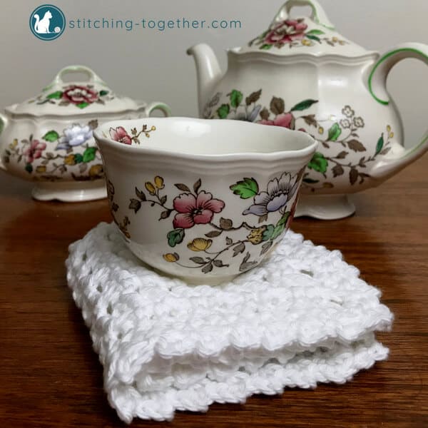 tea set with crochet waffle stitch dishcloth