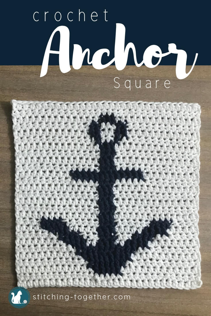 blue crochet anchor on a white square pin image with text overlay