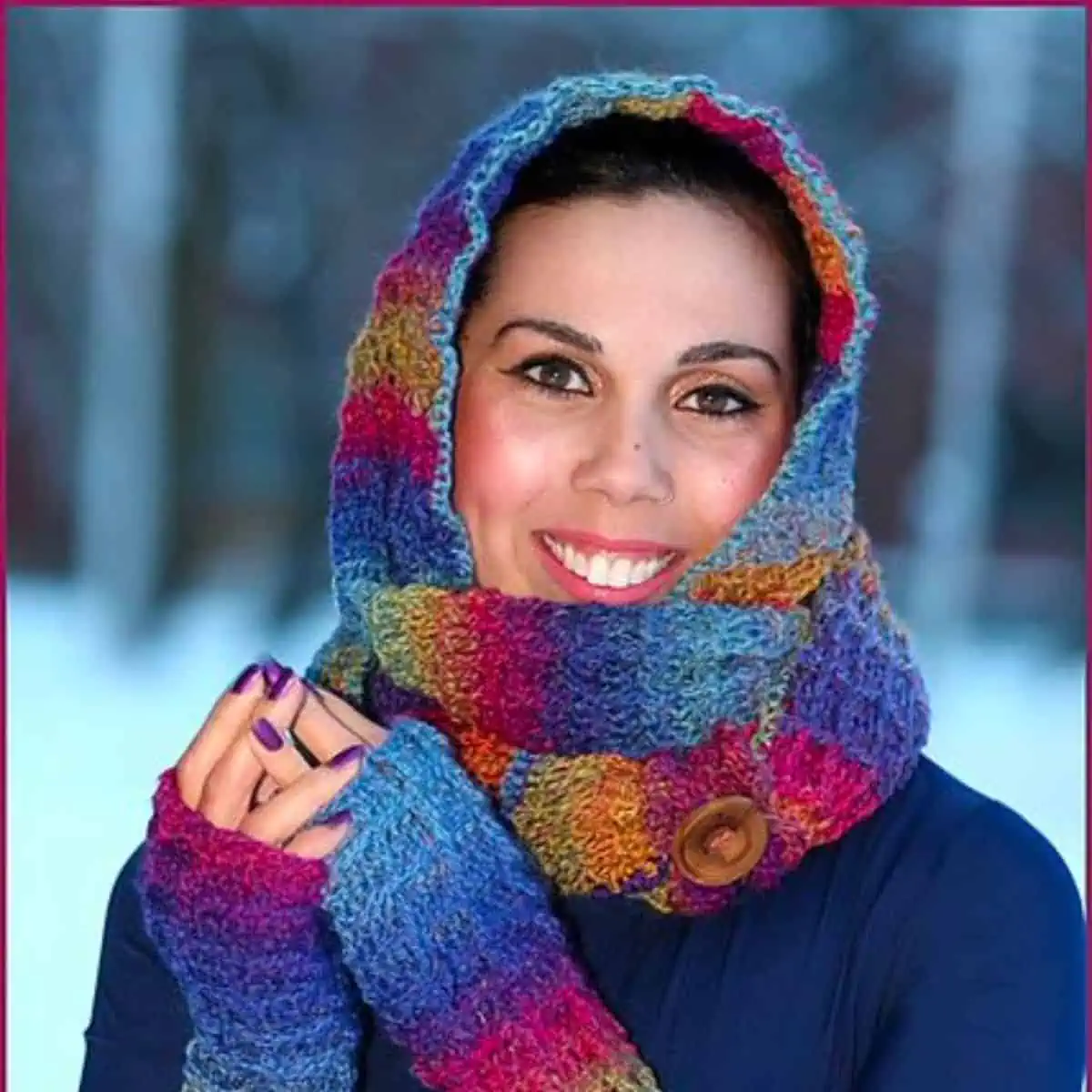 woman wearing colorful arm warmers and a cowl