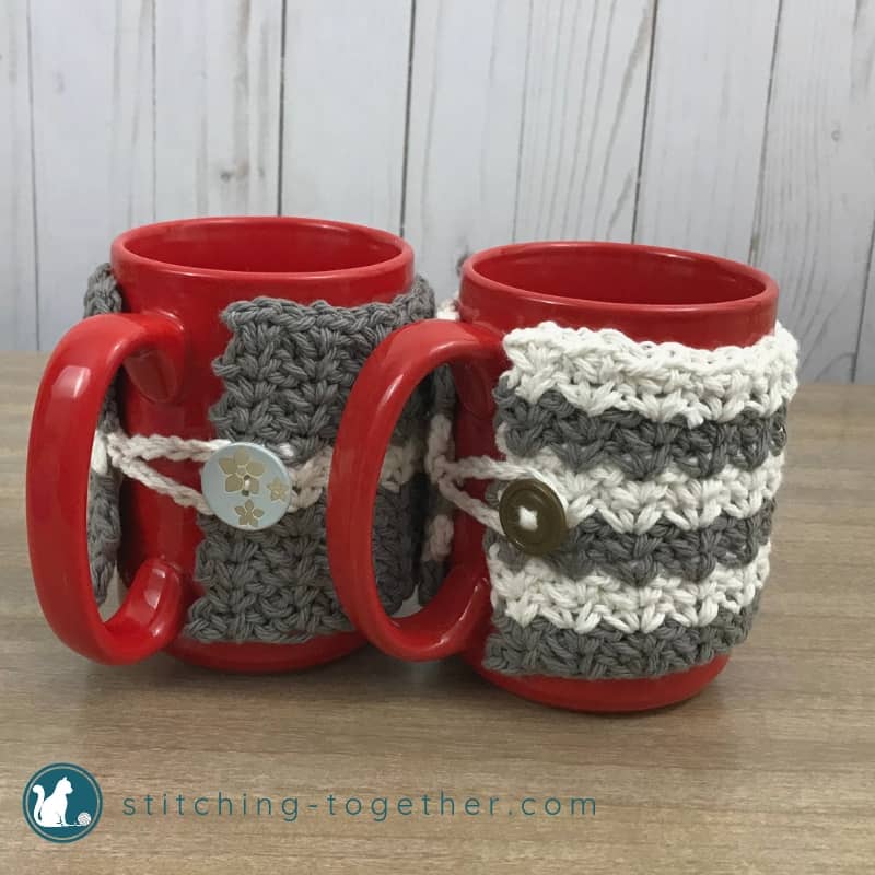 crochet mug cozies showing buttons