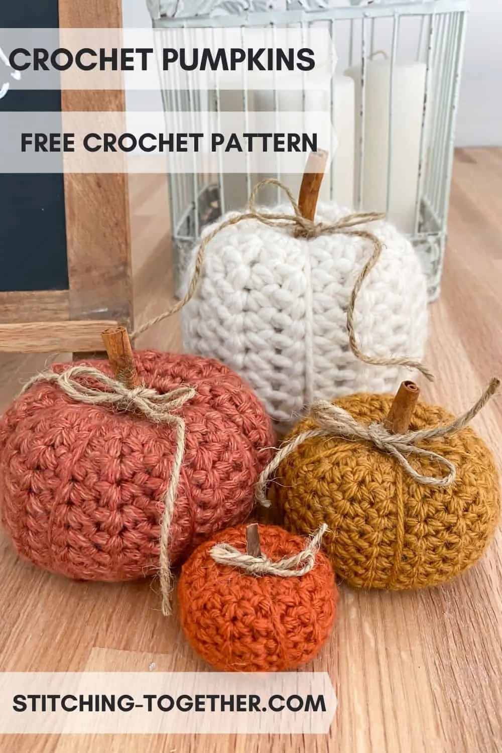4 rustic crochet pumpkins with text on the image