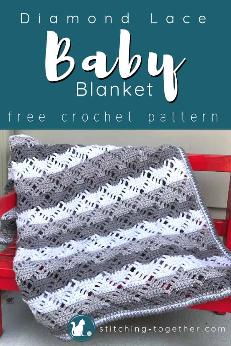 gray and white striped baby blanket pin image with text overlay - diamond lace baby blanket