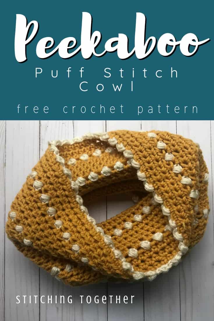 Peekaboo Puff Stitch Cowl Pin image with text overlay