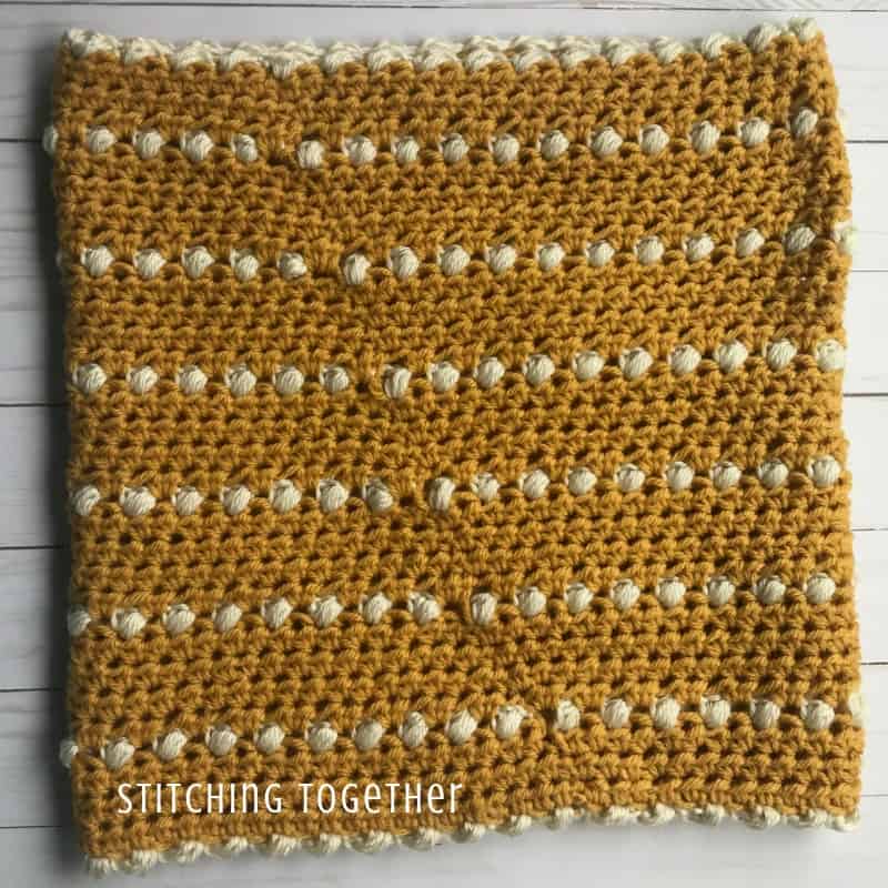 Crochet cowl in the round showing seam