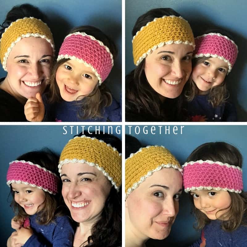 mom and daughter wearing matching crochet ear warmer