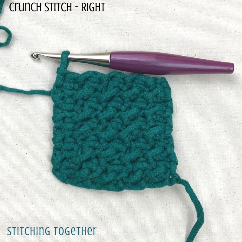 crunch stitch crochet swatch with purple furls crochet hook