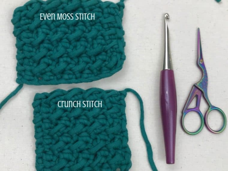 Swatches of the even moss stitch crochet and the crunch stitch crochet
