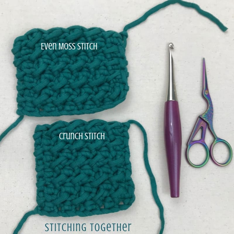 Swatches of the even moss stitch crochet and the crunch stitch crochet