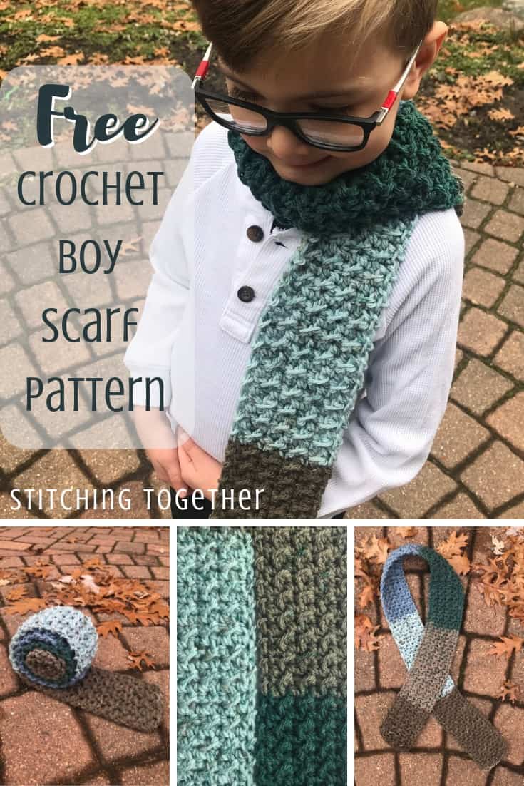 Collage of crochet scarf on a boy, rolled up, close up and on the ground