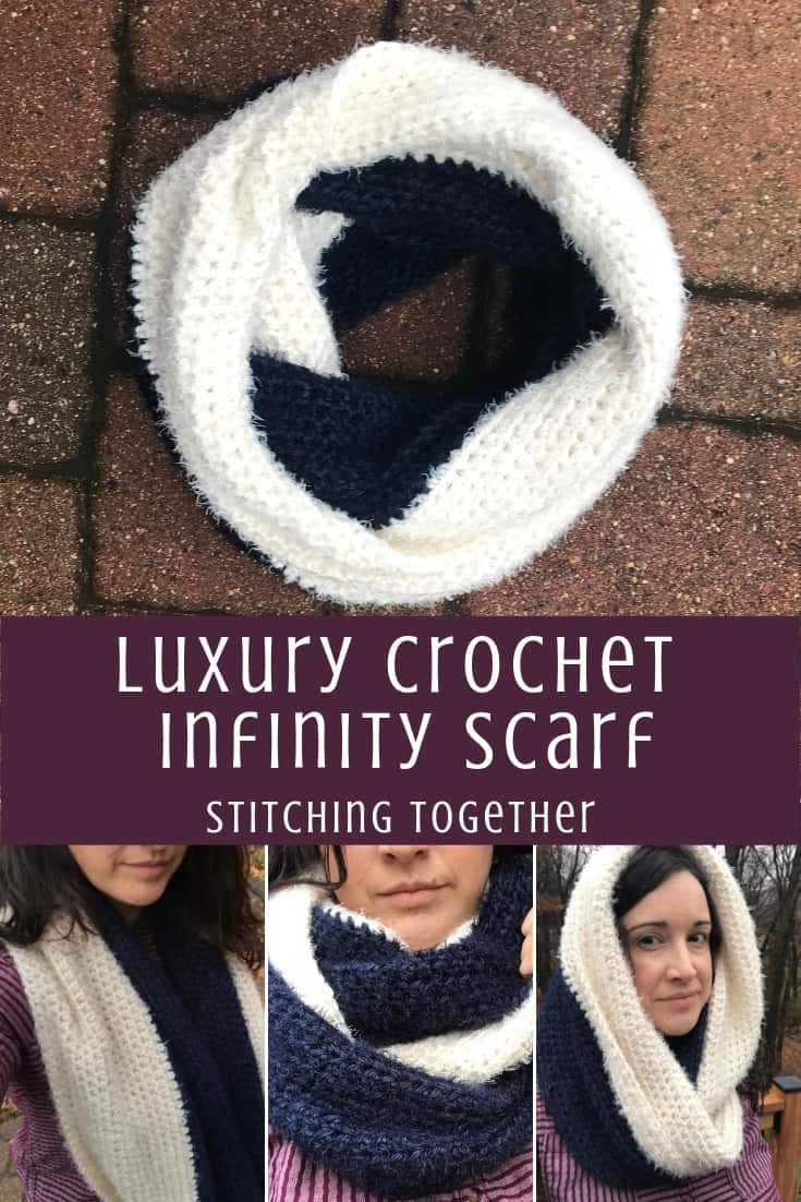 blue and white crochet infinity scarf with text overlay