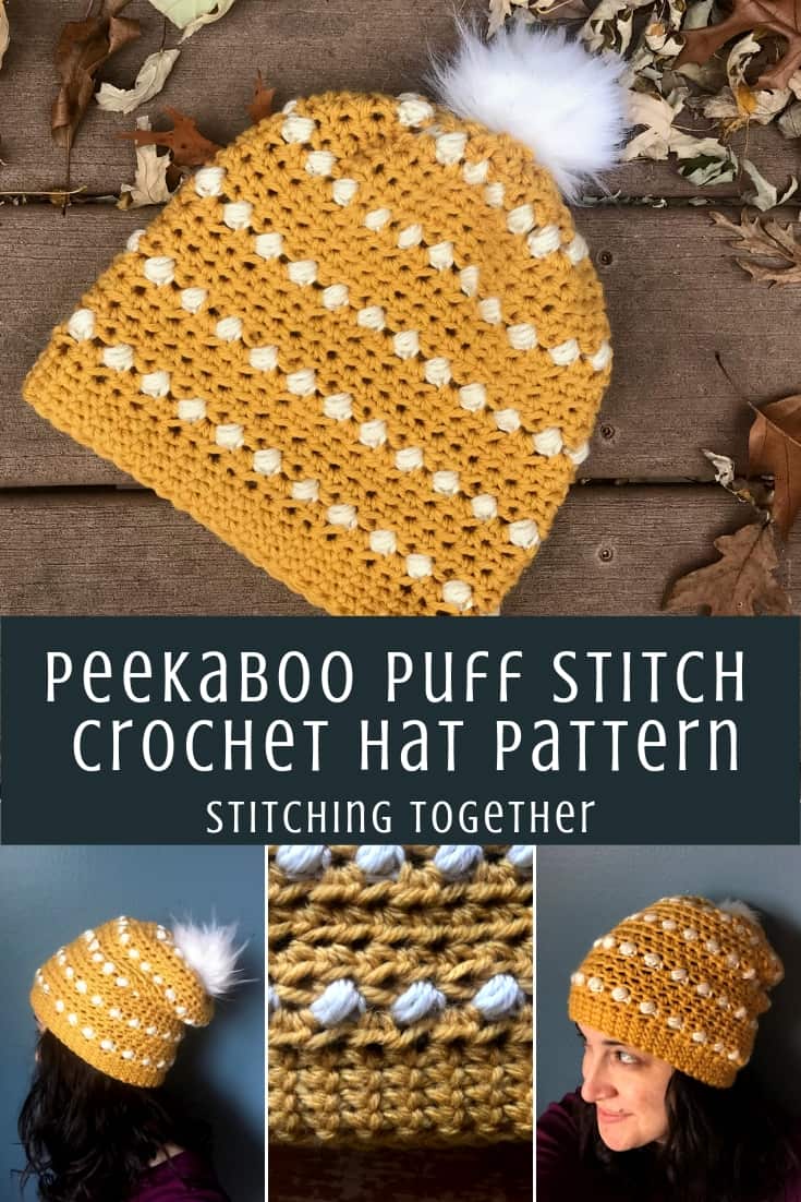 Peekaboo puff stitch hat pin collage image modeling crochet hat