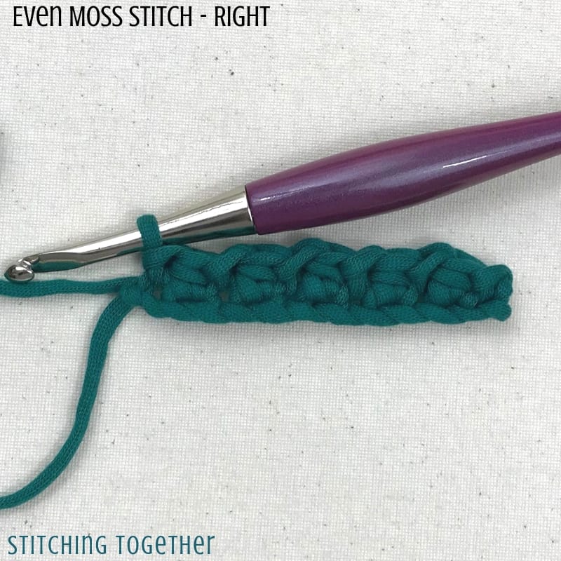 hdc moss stitch row of crochet stitches and purple hook