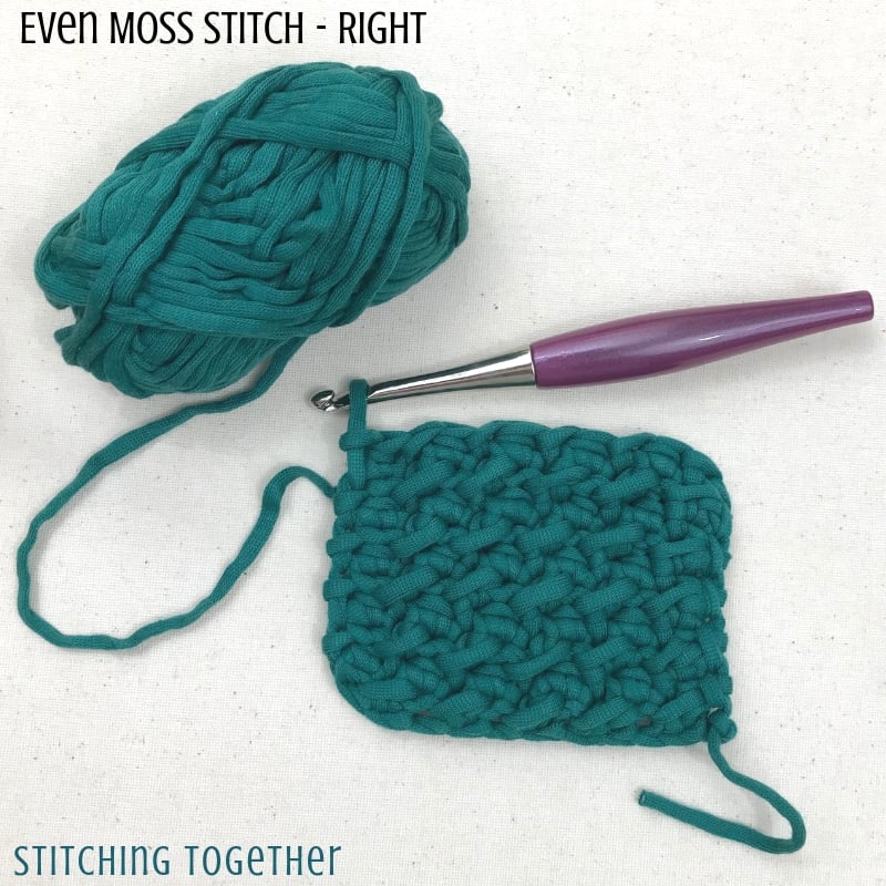 Even Moss Stitch Crochet Swatch with yarn and purple hook