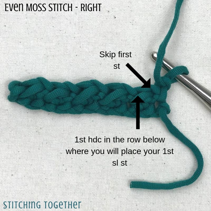 even moss stitch with instructions on where to place the next stitch