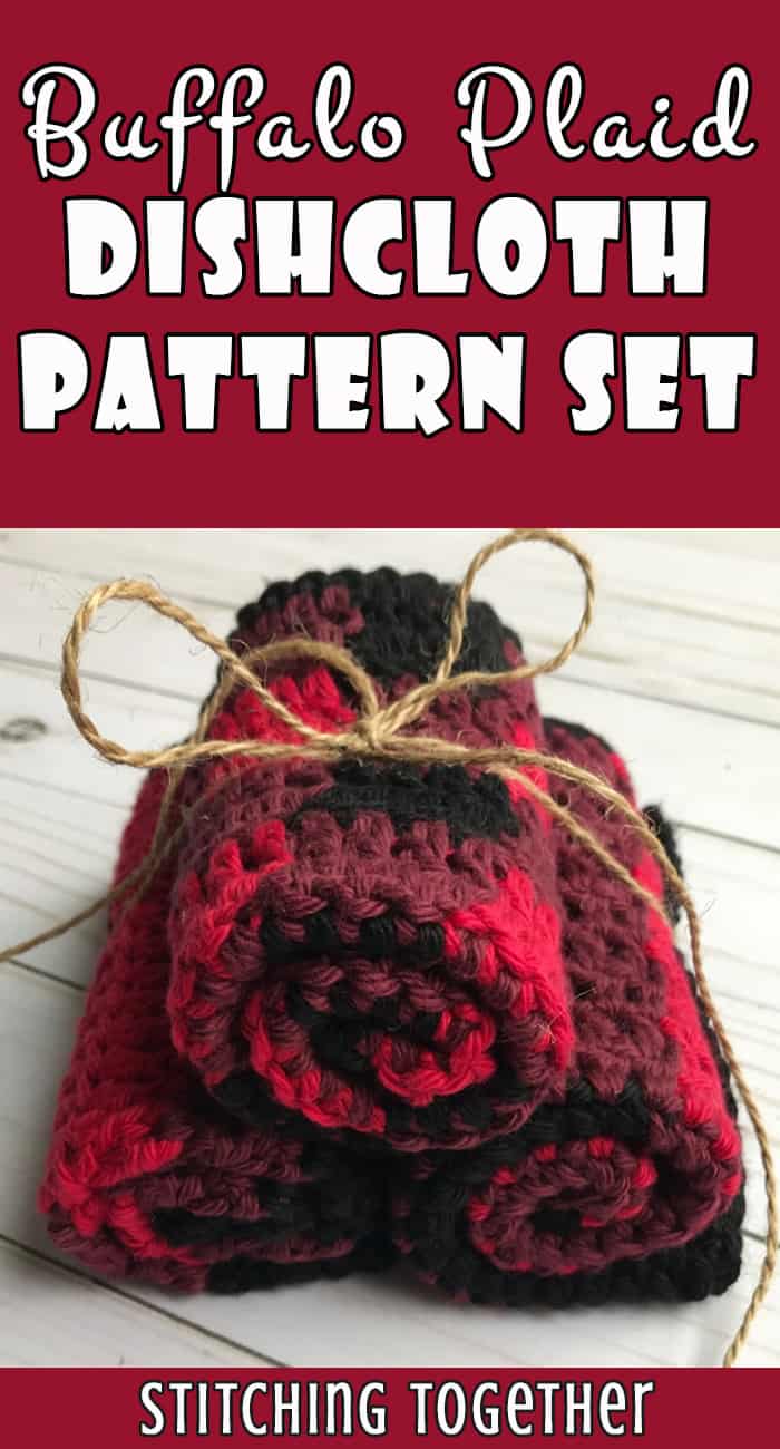 three rolled buffalo plaid crochet dishcloths tied with jute