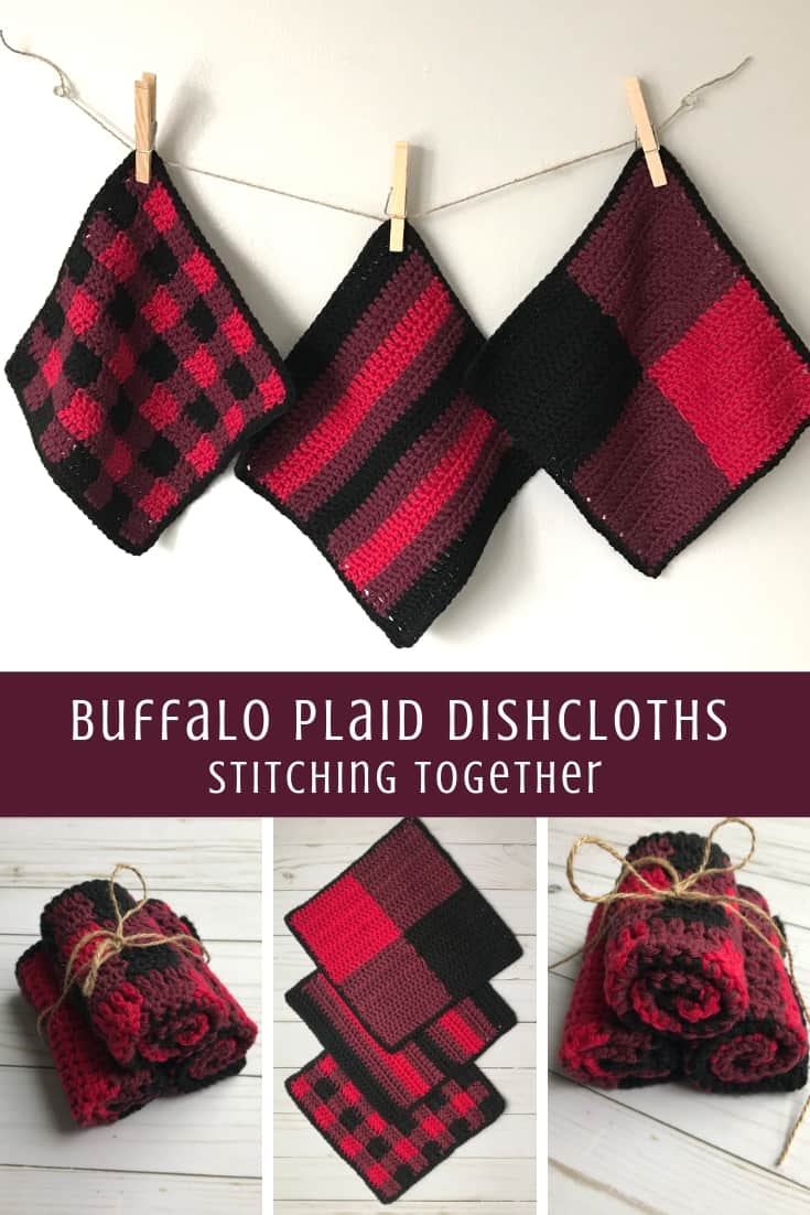 collage image showing buffalo plaid crochet dishcloths 