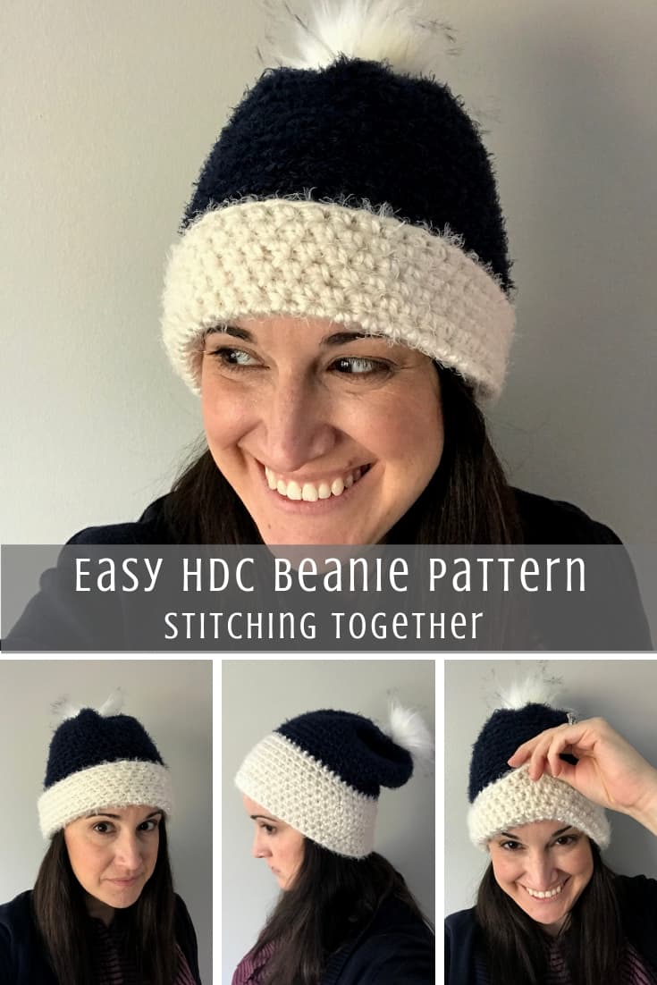 Half Double Crochet Beanie Pattern Pin image with collage of 4 images of lady wearing hat