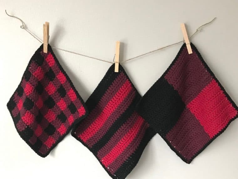 buffalo plaid crochet dishcloths hanging