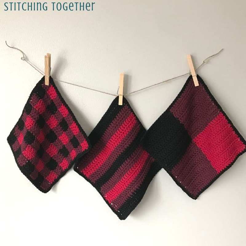 buffalo plaid crochet dishcloths hanging