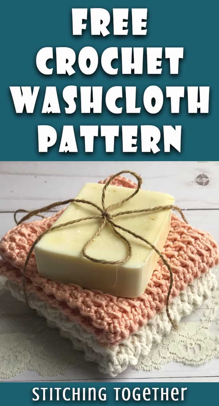 two folded crochet washcloths with a bar of soap on top